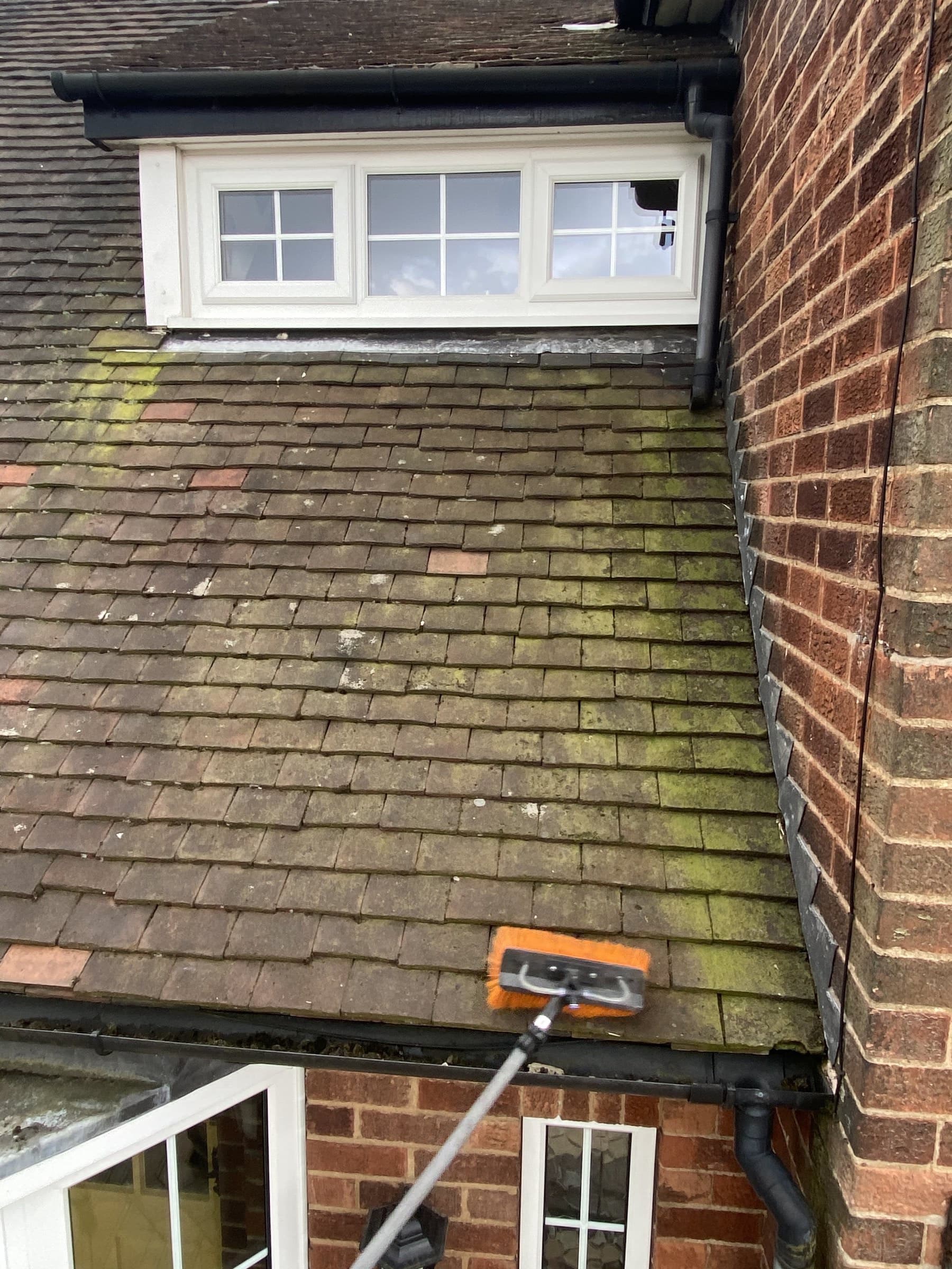 The front roof of a house streaked with green moss and algae, being cleared from the ground with a water-fed pole
