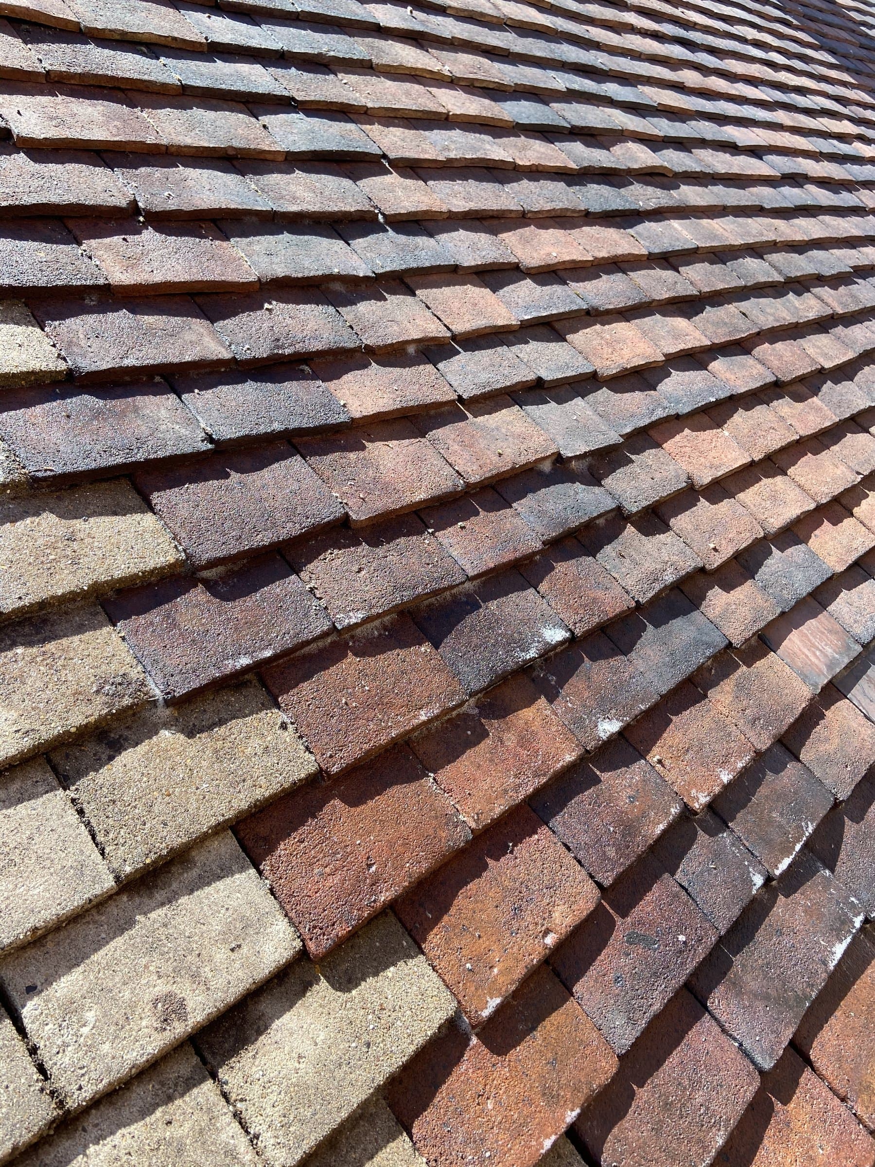 Plain-tile roof surface after scraping, softwash and bio treatment, mixed natural tile colours, no moss left