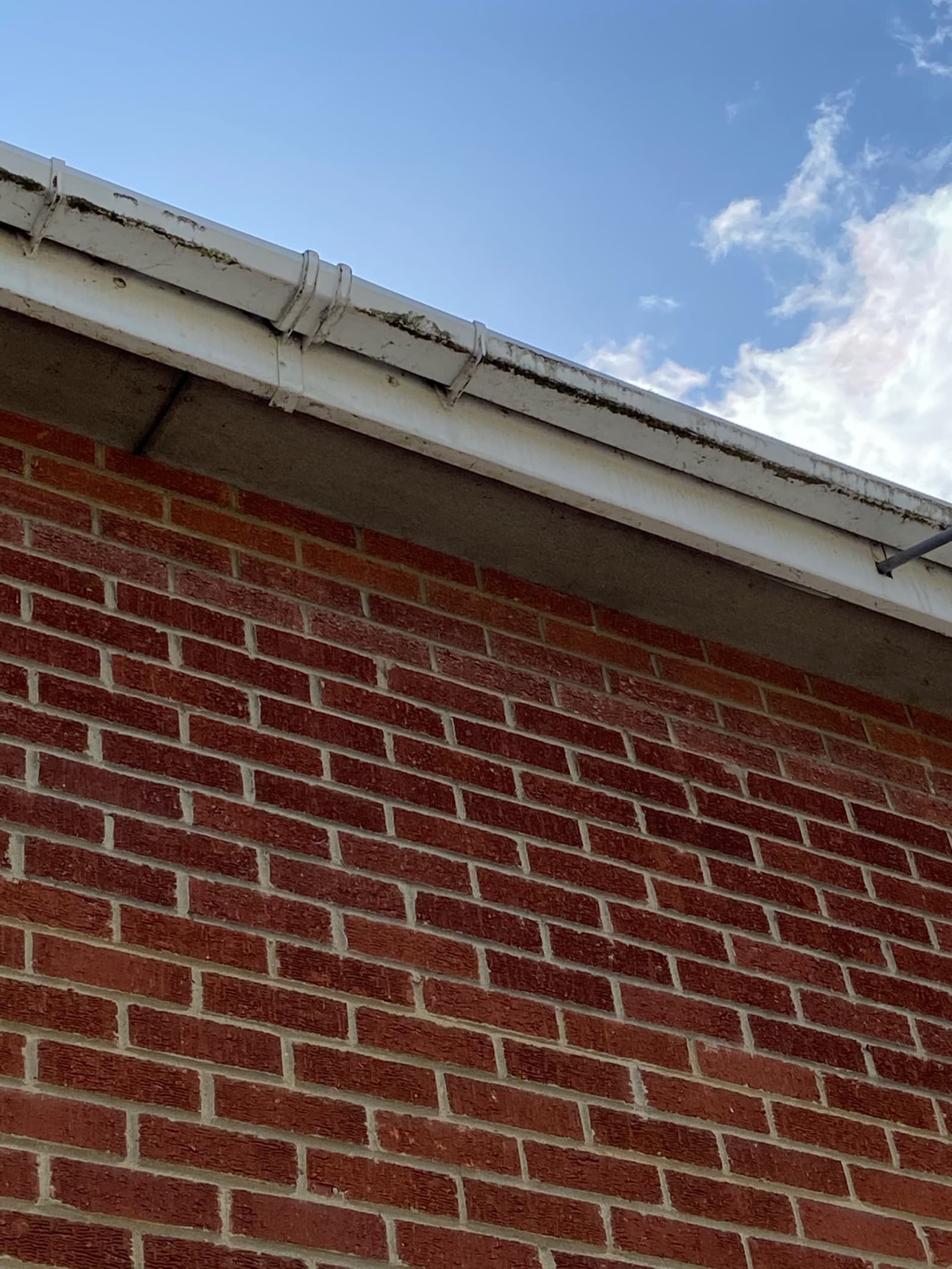 Brick exterior with debris-filled gutter showing why gutter clearing matters